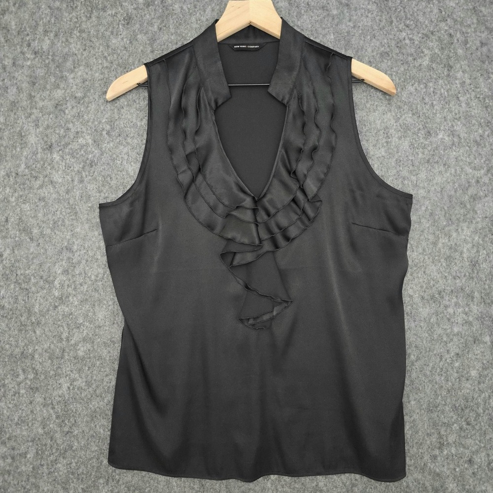 New York & Company Blouse Womens 12 Black Ruffle V Neck Sleeveless Satin‎ Top